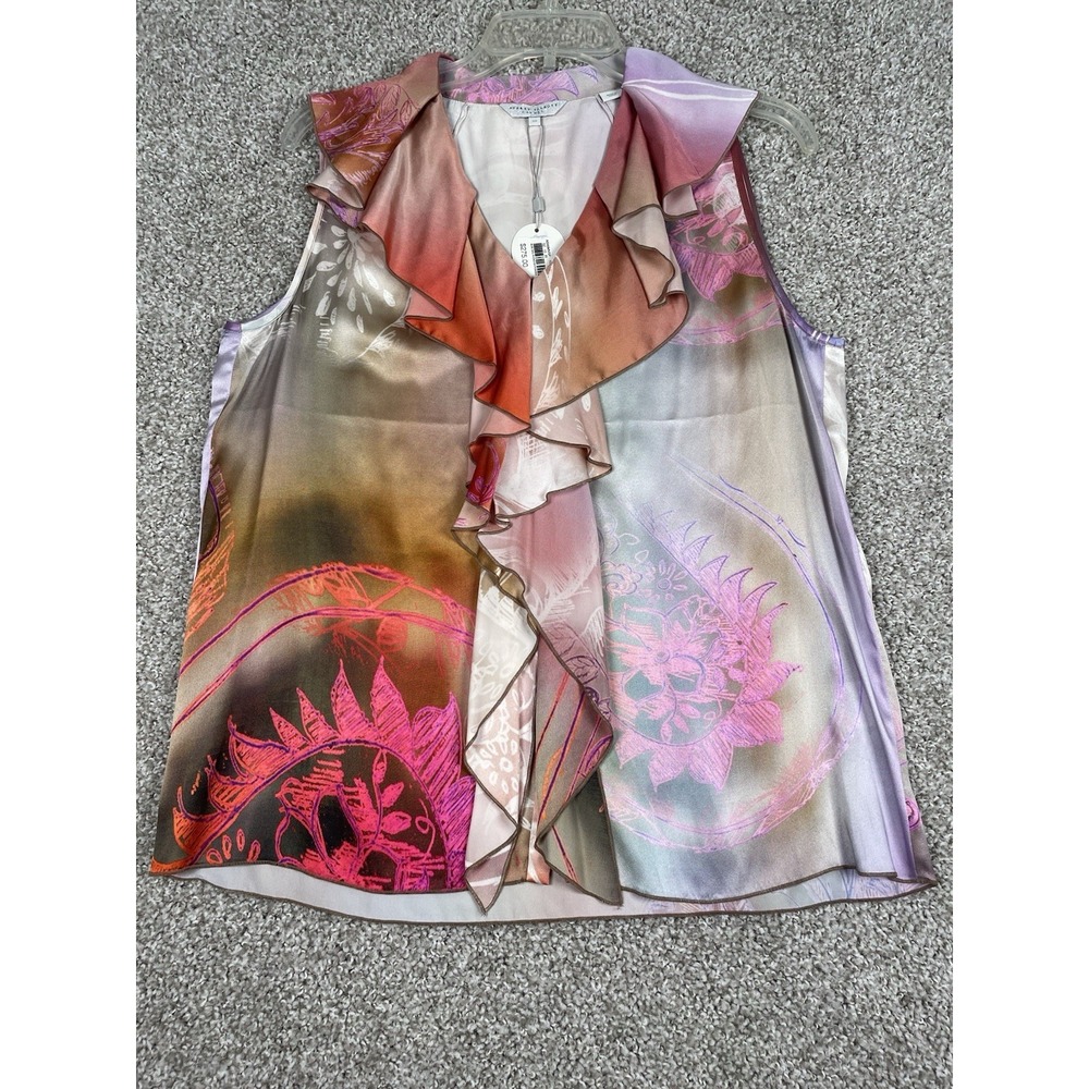 Audrey Talbott Carmel Silk Blouse Sleeveless Ruffle Neck Multicolor Abstract NWT